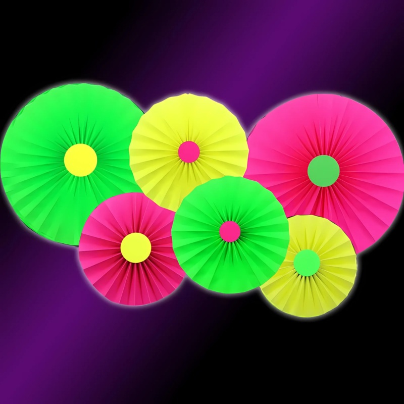 UV Neon Pink, Green & Yellow Paper Fan for Wall Decor - 6PC
