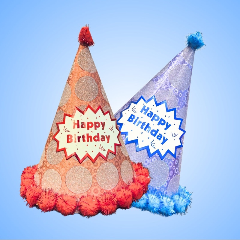 Polka Dot Birthday Party Hats Red and Blue Combo with Pom Poms - 2PC