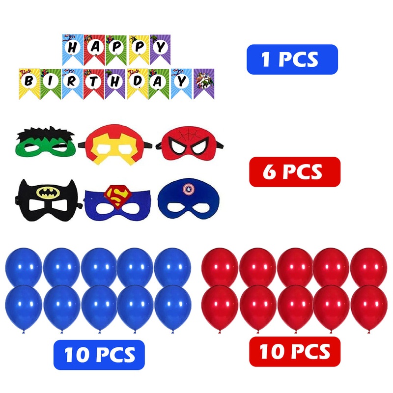 Superhero Themed Birthday Party Set Up with Maks & Multicolor Balloons - 27PC