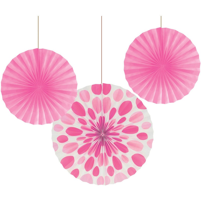 Candy Pink Dot Paper Fans (3ct)
