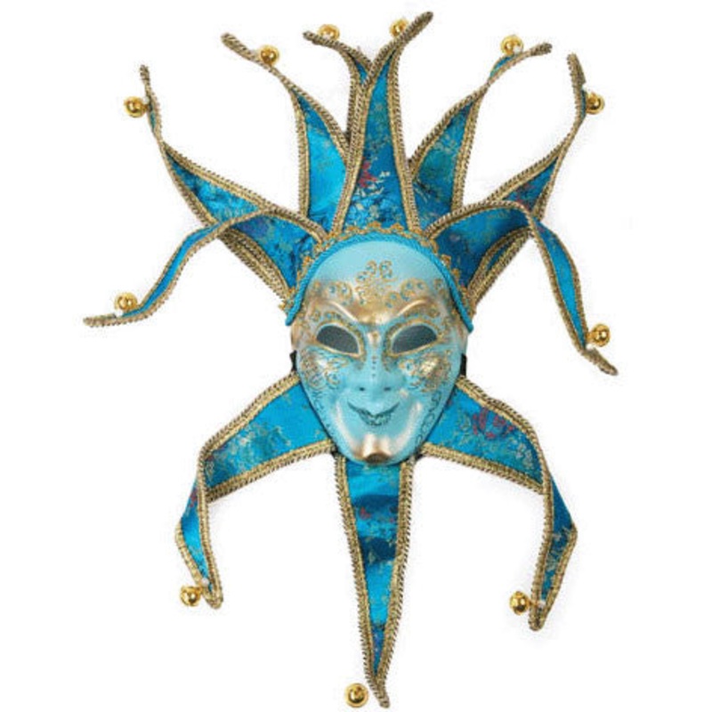 Light Blue Jester Venetian Mask With Bells
