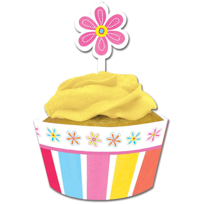Pink Flower Cheer Cupcake Wrappers, w/ Picks