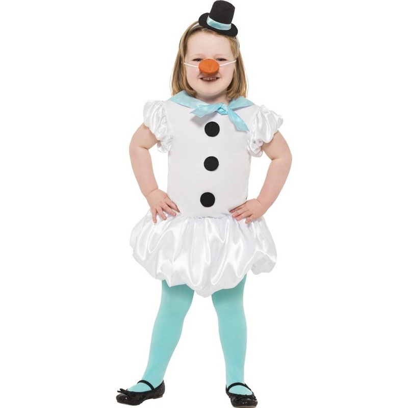Puffball Snowgirl Costume Dress with Attached Scarf Hat Carrot Nose and Tights