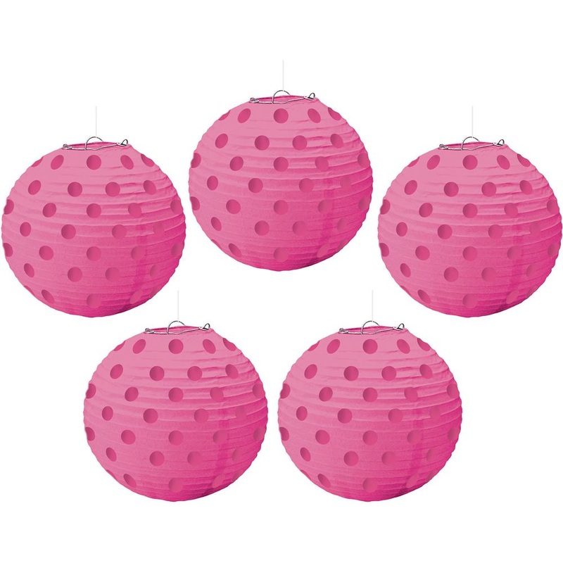 Bright Pink Mini Polka Dot Hanging Lanterns, 5ct
