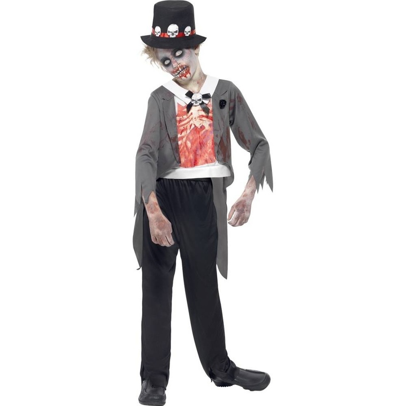 Zombie Groom Costume Black Jacket Printed Mock Shirt Trousers and Hat