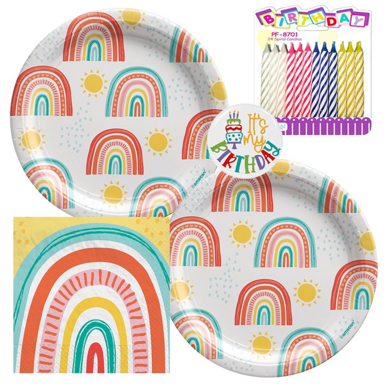 Retro Rainbow Tableware Party Kit for Cake (16 Guests)