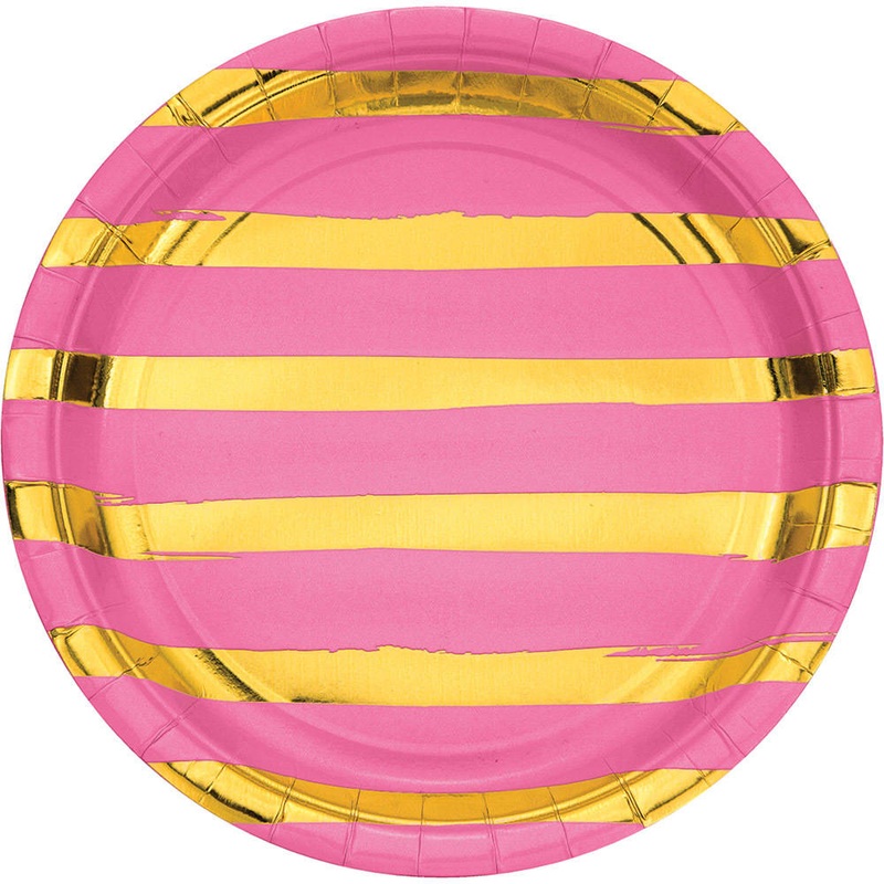 Candy Pink & Gold Hot Stamped Paper Dinner Plates (8 ct)