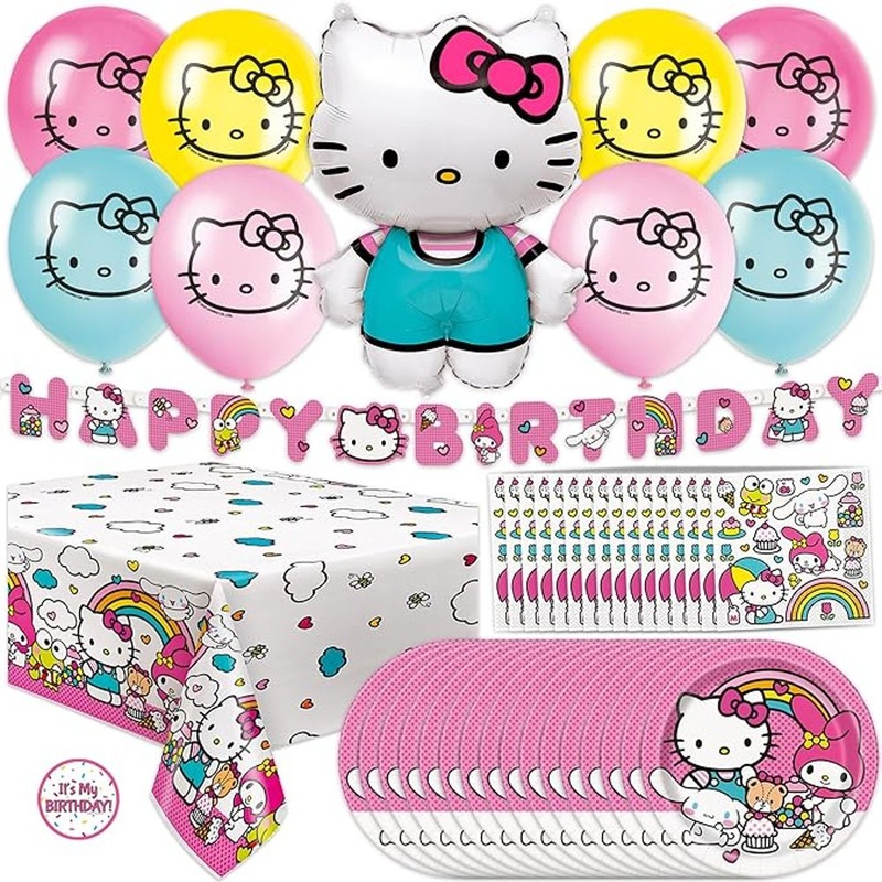 Hello Kitty Birthday Decorations | Serves 16 | Hello Kitty Party Decorations | Balloons, Plates and Napkins, Tablecloth, Banner, Sticker | Officially Licensed