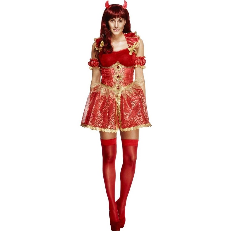 Fever Deluxe Devil Costume Red Dress Corset Overskirt Collar Horns & Sleeves