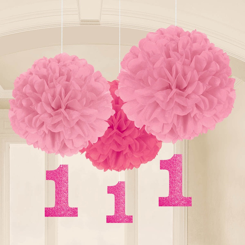 1st Birthday Girl Fluffy Tissue Balls (3ct)