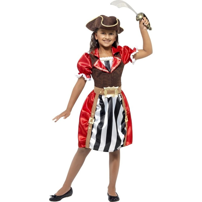 Girls Pirate Captain Costume Red Dress with Mock Waistcoat Hat and Mock Belt