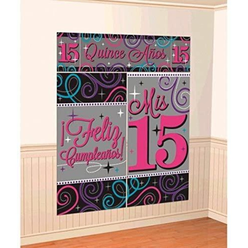 Quinceanera Scene Setters - (5 Pack), Pink/Gray, 59" x 65".