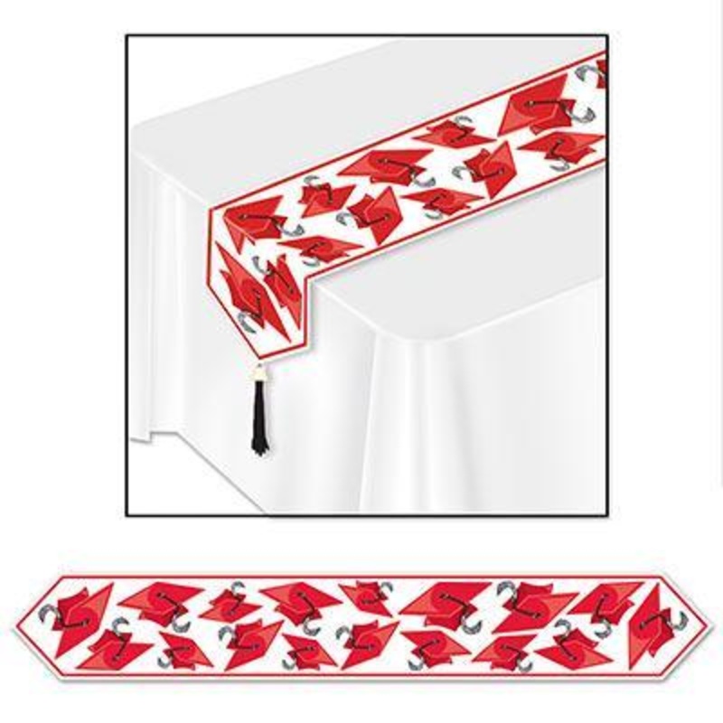 Red and White Printed Grad Cap Table Runner