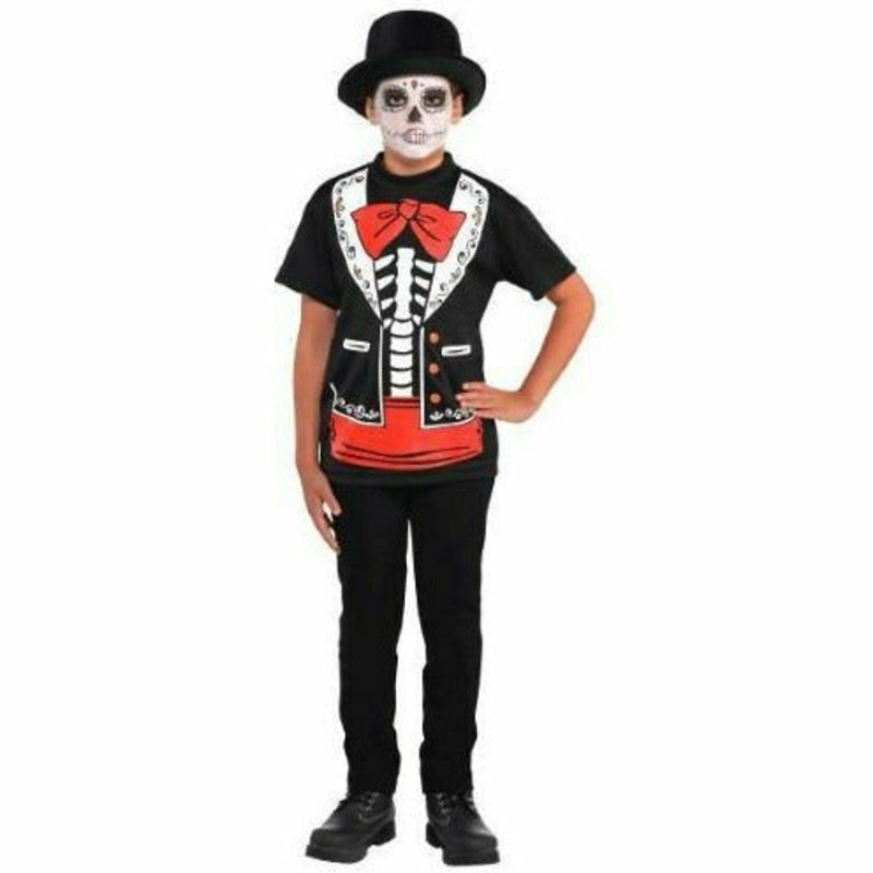 Kids Unisex Child Day of the Dead T-Shirt Halloween Costume Black/red