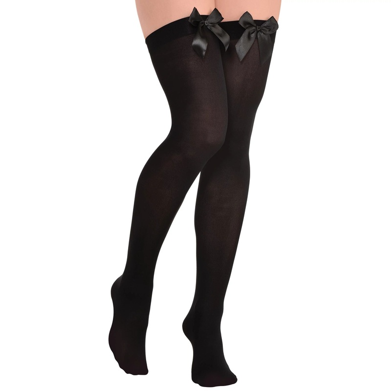 Adult Black Thigh Highs With Black Satin Bow