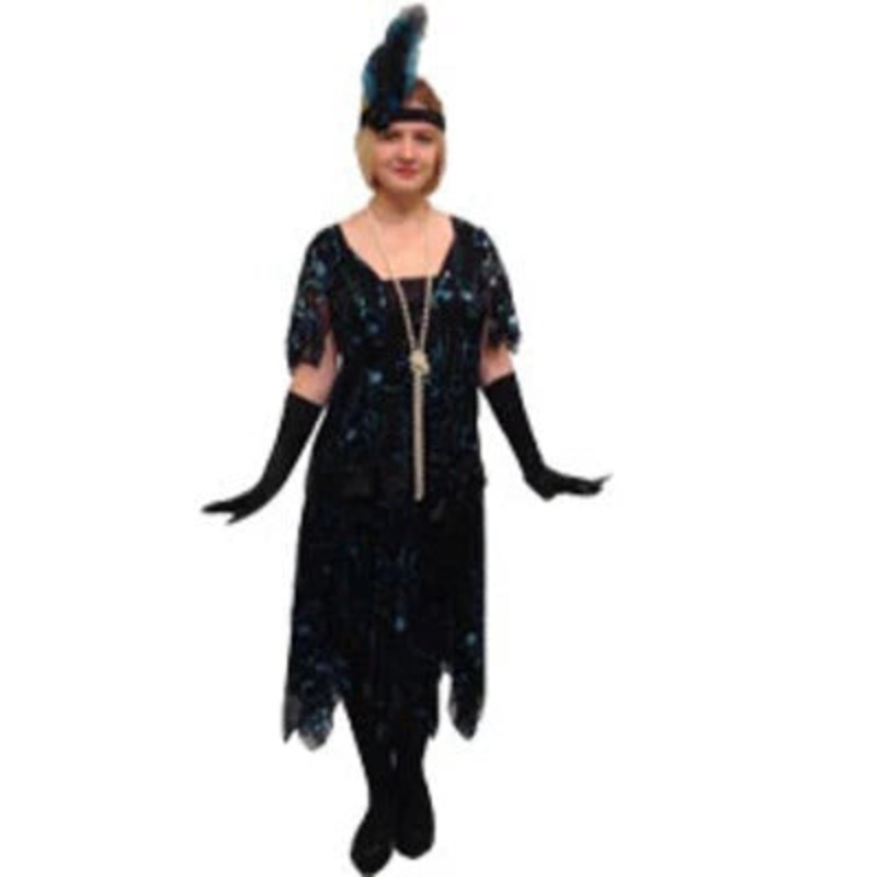 1920s Flapper Dress Hire Costume - Deluxe Black & Blue