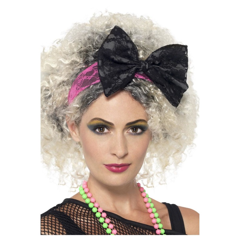 80's Neon Lace Headband - Black & Pink