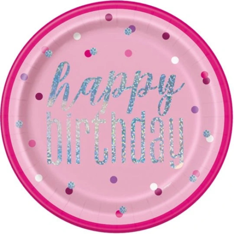 Round Happy Birthday Plates - Pink Dots