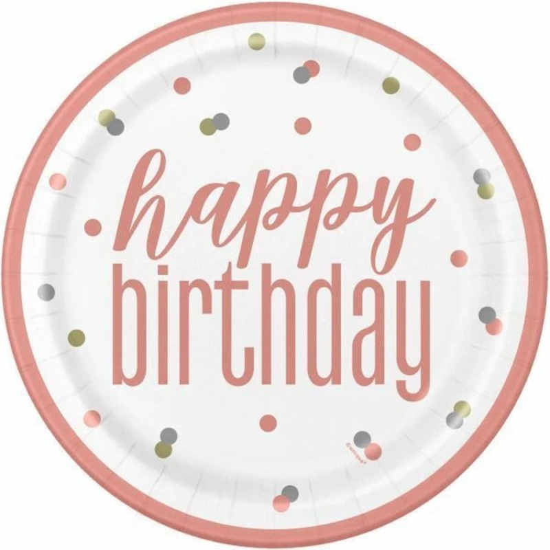 Round Happy Birthday Plates - Rose Gold