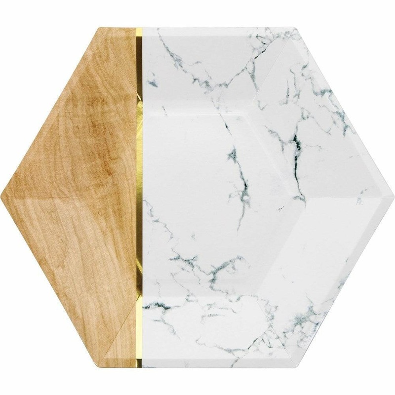 Marble Wood Banquet Plate 10in Hexagon Marble 8Ct