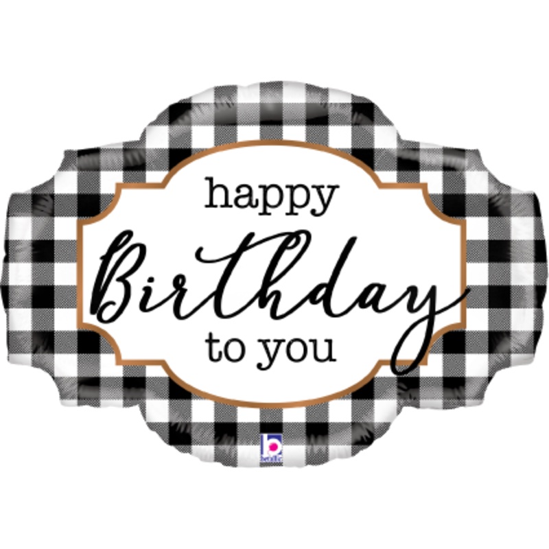 Betallic Black & White Buffalo Plaid Birthday 25 inch Shaped Foil Balloon Packaged 1ct