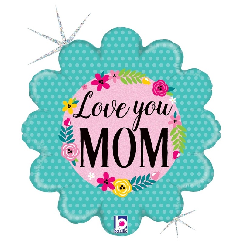 Betallic Glittering Floral Love You Mom 18 inch Glitter Holographic Flower Balloon 1ct