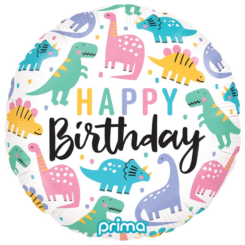 Prima  Round Birthday Colorful Dinos 18 inch Foil Balloon 1ct