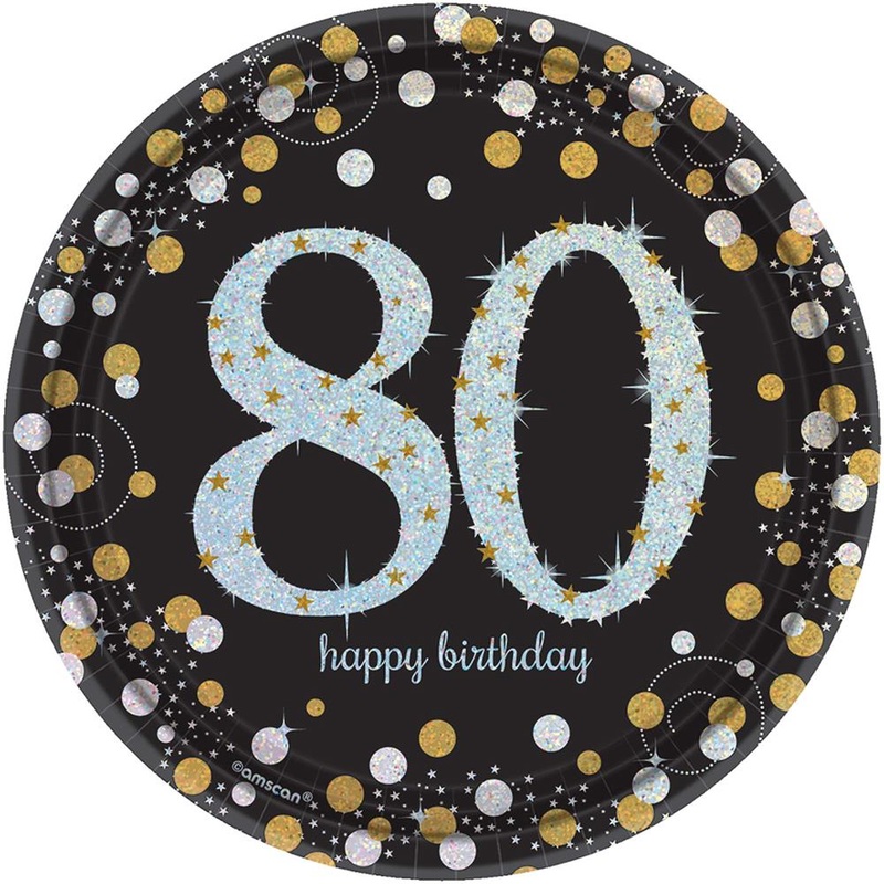 Sparkling Celebration Happy Birthday 80 Round Plate 7 inch 8ct