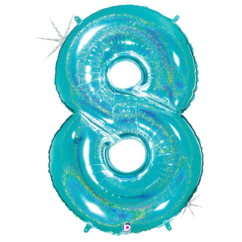 Betallic Number 8 Glitter Robin's Egg Blue 34 inch Holographic Shaped Foil Balloon 1ct