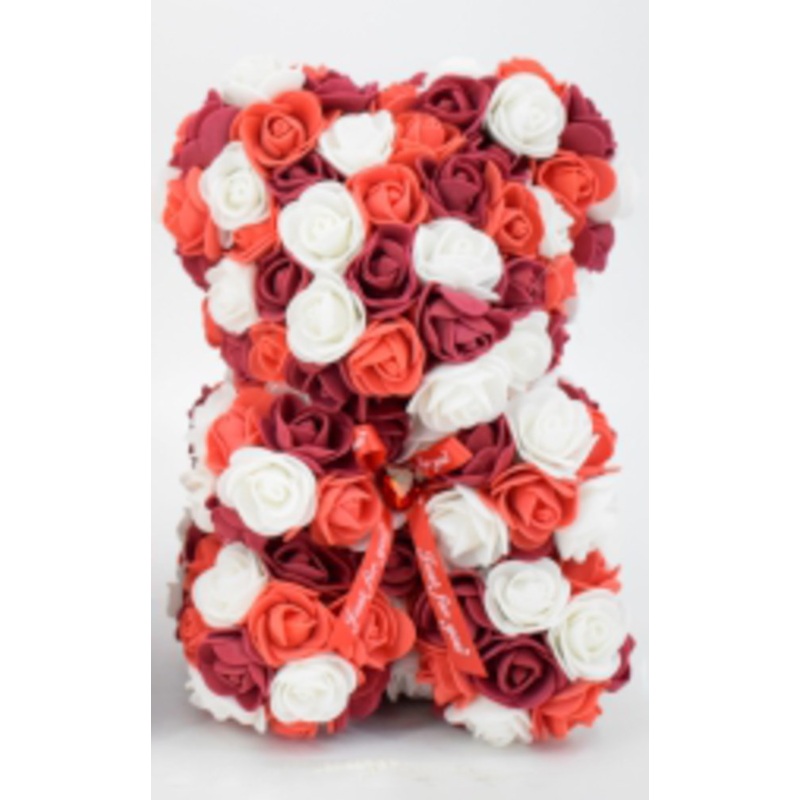9.5in Red and White Mix Foam Rose Bear
