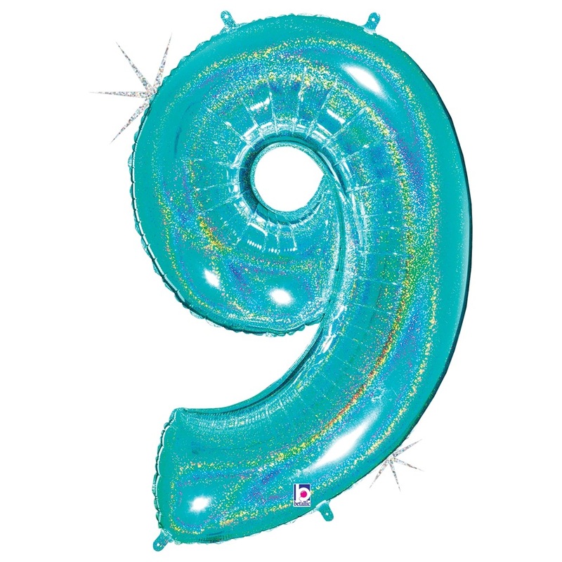 Betallic Number 9 Glitter Robin's Egg Blue 34 inch Holographic Shaped Foil Balloon 1ct