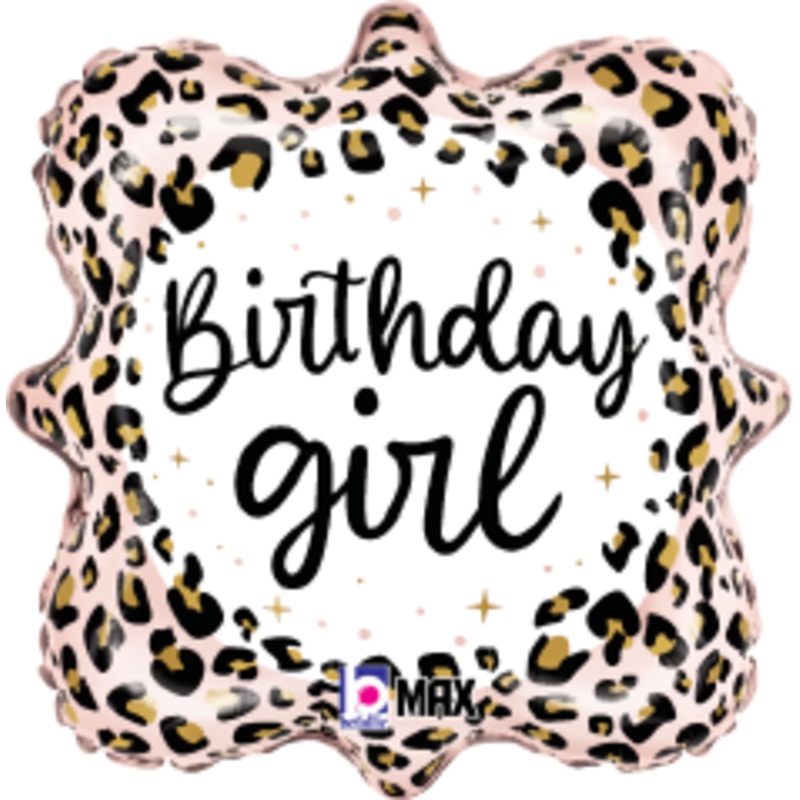 Betallic Satin Leopard Birthday Girl 18 inch MAX Float Ornate Square Packaged 1ct