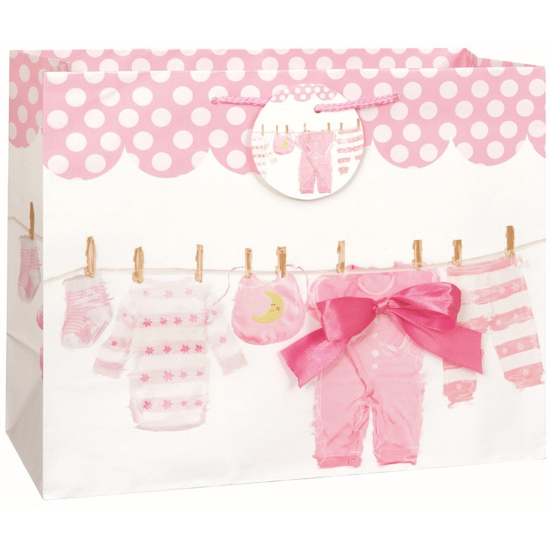 BABY BOW CLOTHESLINE PINK LARGE GIFT BAG