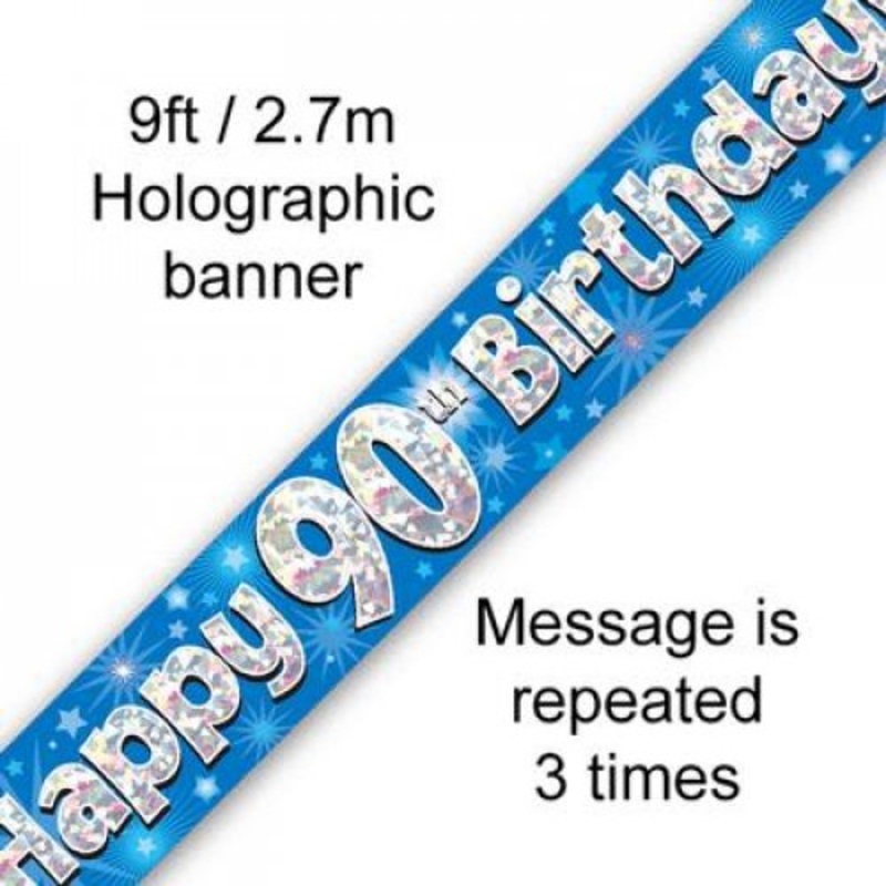 Blue Holographic 90th Happy Birthday Foil Banner
