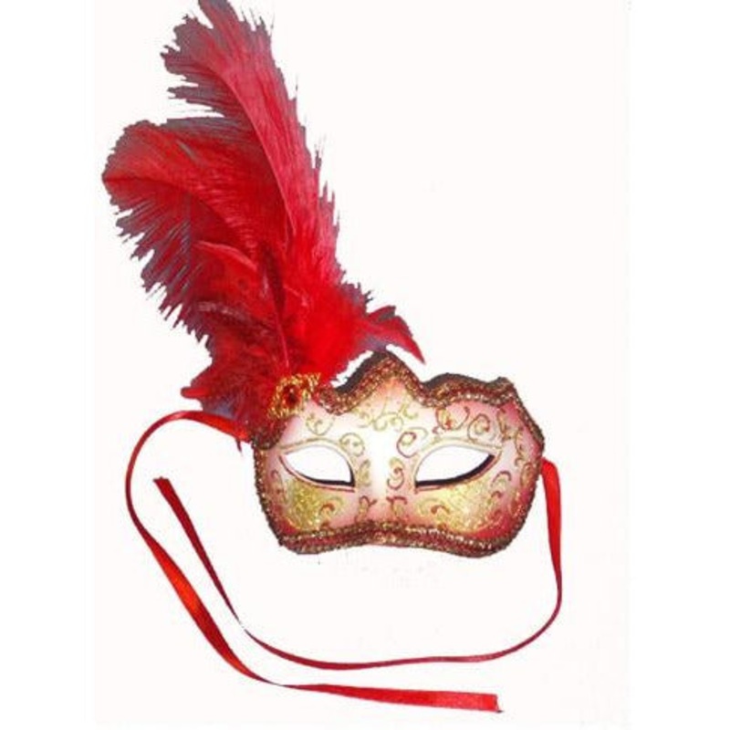 Red Glitter Mask with Feathers