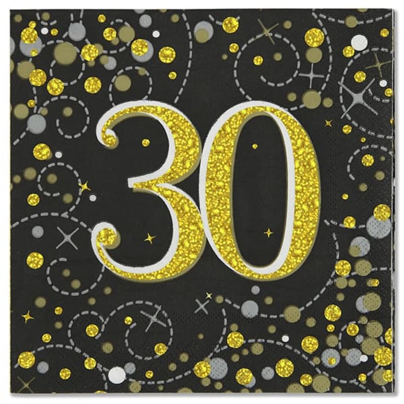 30th Black Sparkling Fizz Napkins 16pk