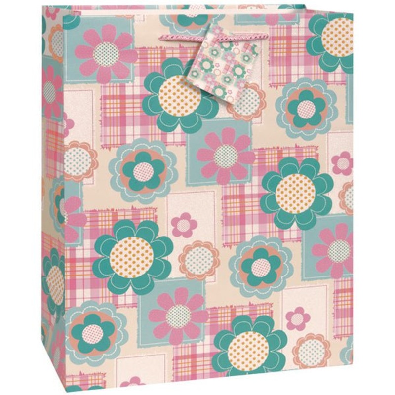 Large Gift Bag - Plaid Glitter Flowers