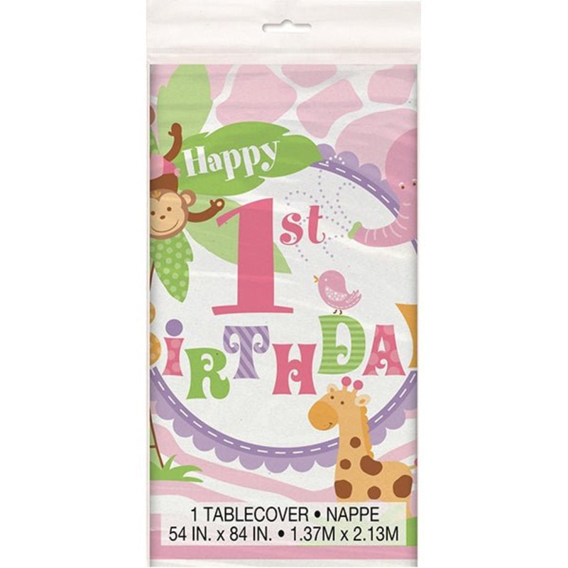 Pink Safari 1st Birthday Printed Tablecover 137cm x 213cm