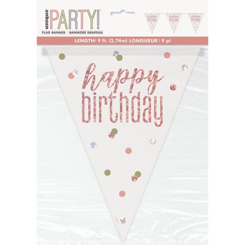 Rose Gold "Happy Birthday" Prismatic Foil Flag Banner - 2.74m