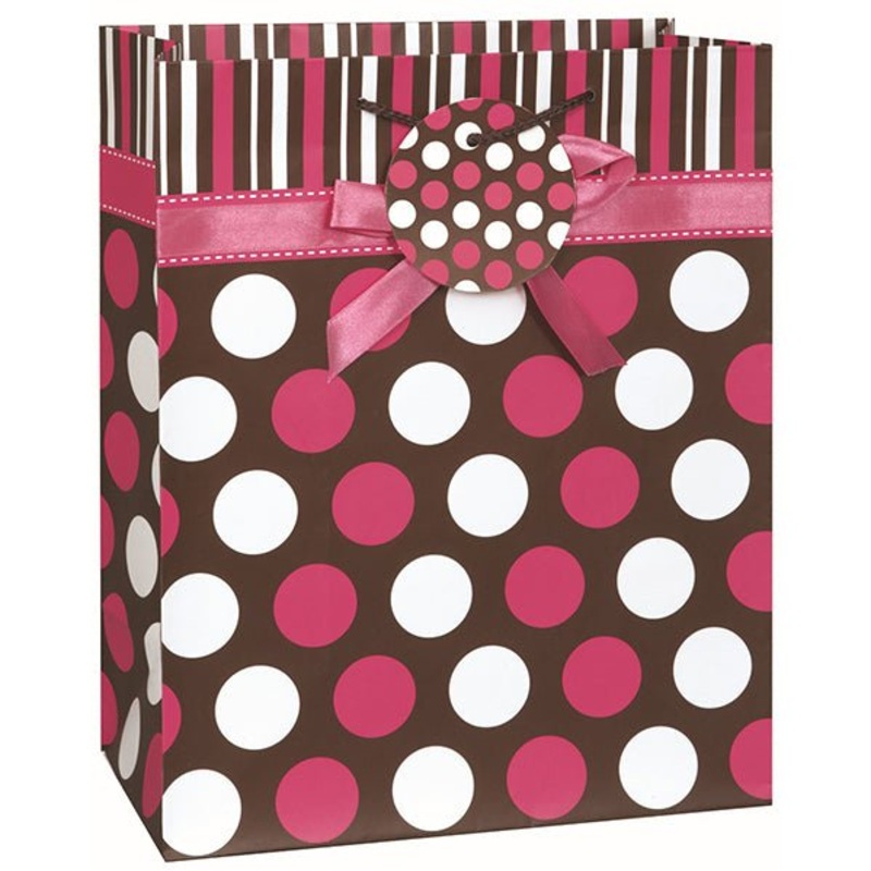 Large Gift Bag - Pink & Brown Dots With Bow