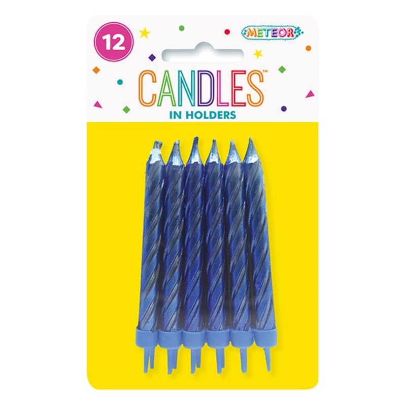 Metallic Royal Blue Candles With Holders (Pack of 12)