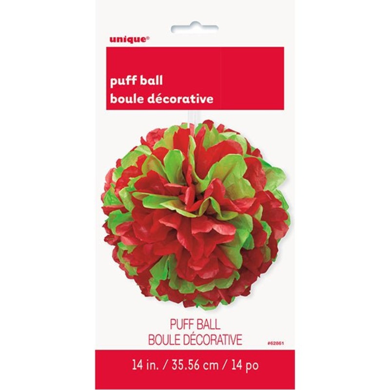 Puff Ball Decoration - Red & Green 35cm