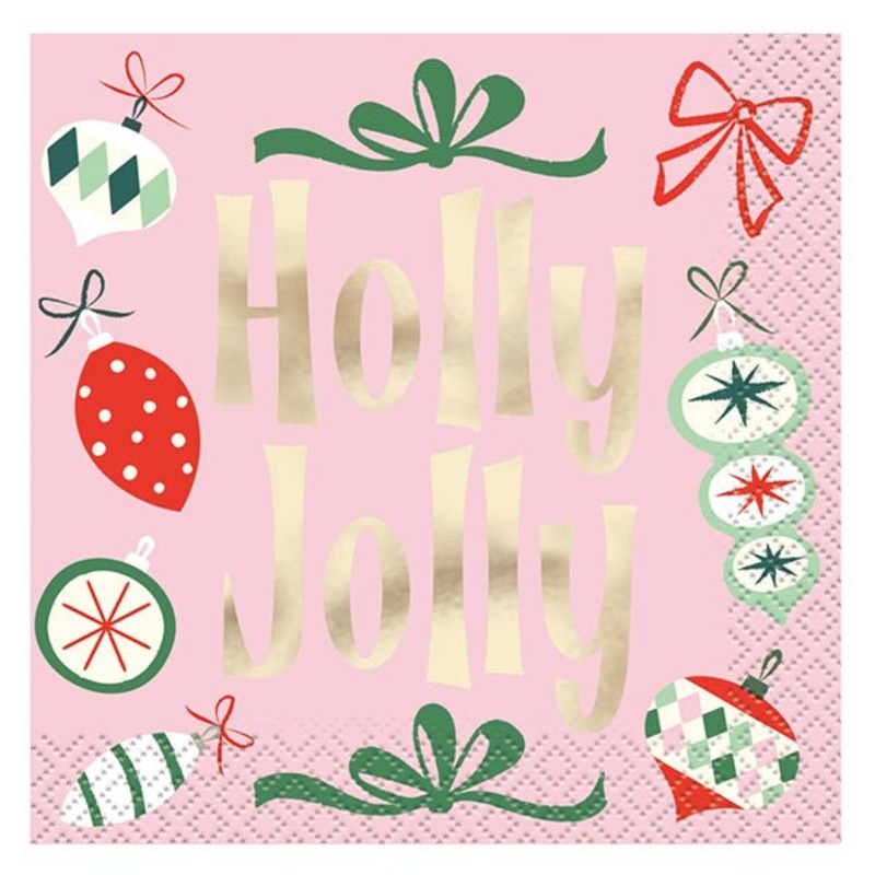 Vintage Christmas "Holly Jolly" Foil Stamped Beverage Napkins (Pack of 16)