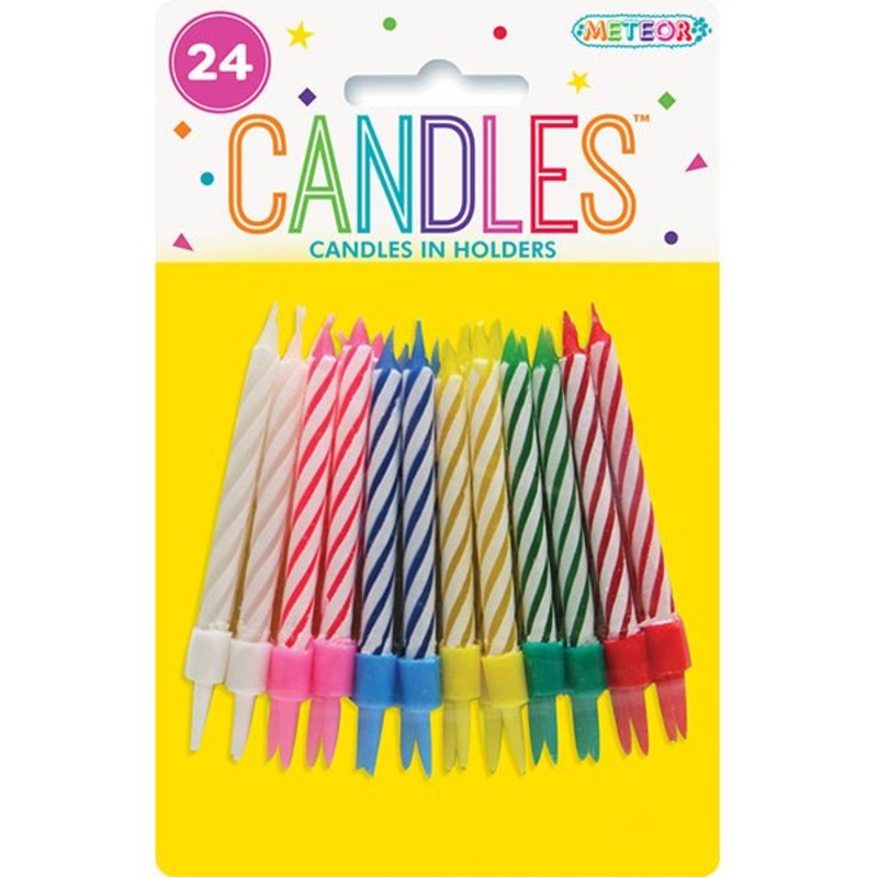 Birthday Candles & Holders - Multicolour (Pack of 24)