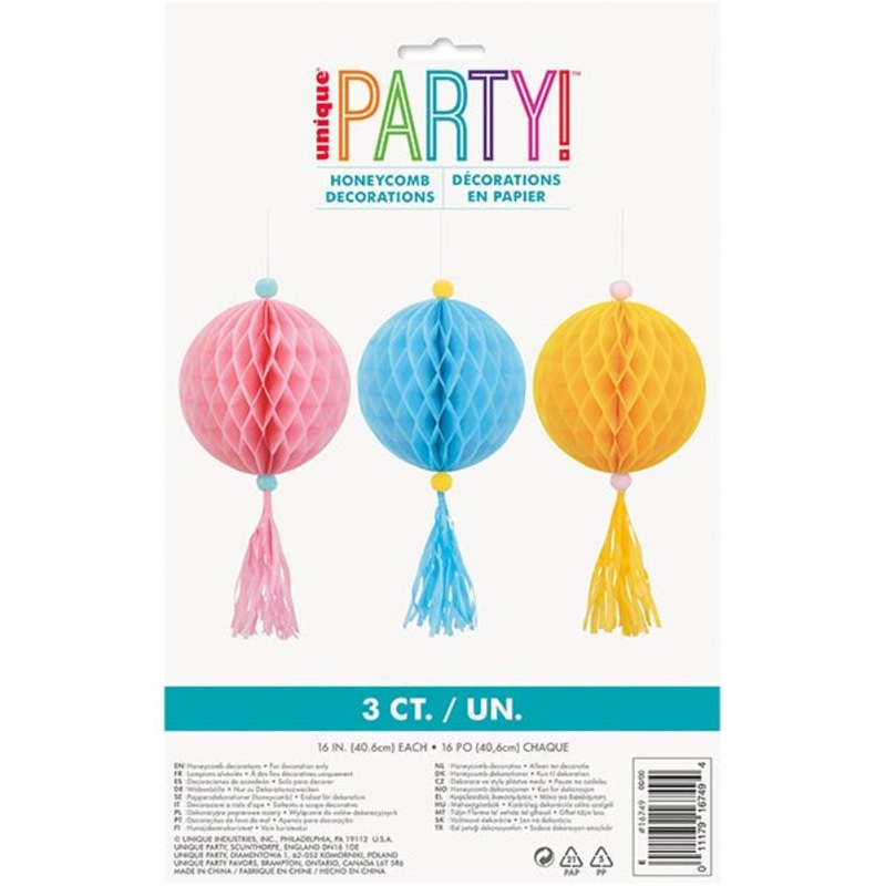 Pastel Honeycomb Decorations with Tassels - 40.6cm (Pack of 3)