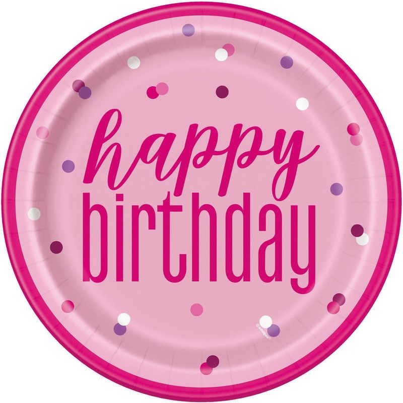 Pink "Happy Birthday" Paper Plates 23cm (Pack of 8)