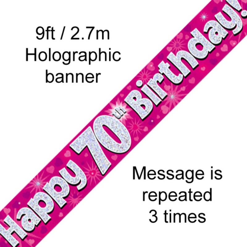Holographic Pink 70th Birthday Banner | 9ft Party Decoration