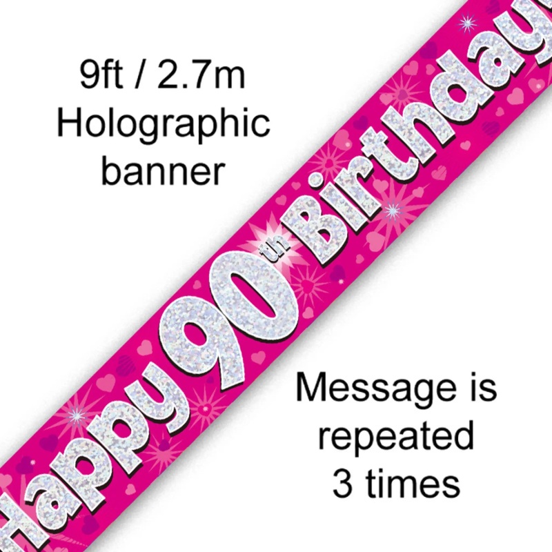 Holographic Pink 90th Birthday Banner | 9ft Party Decoration