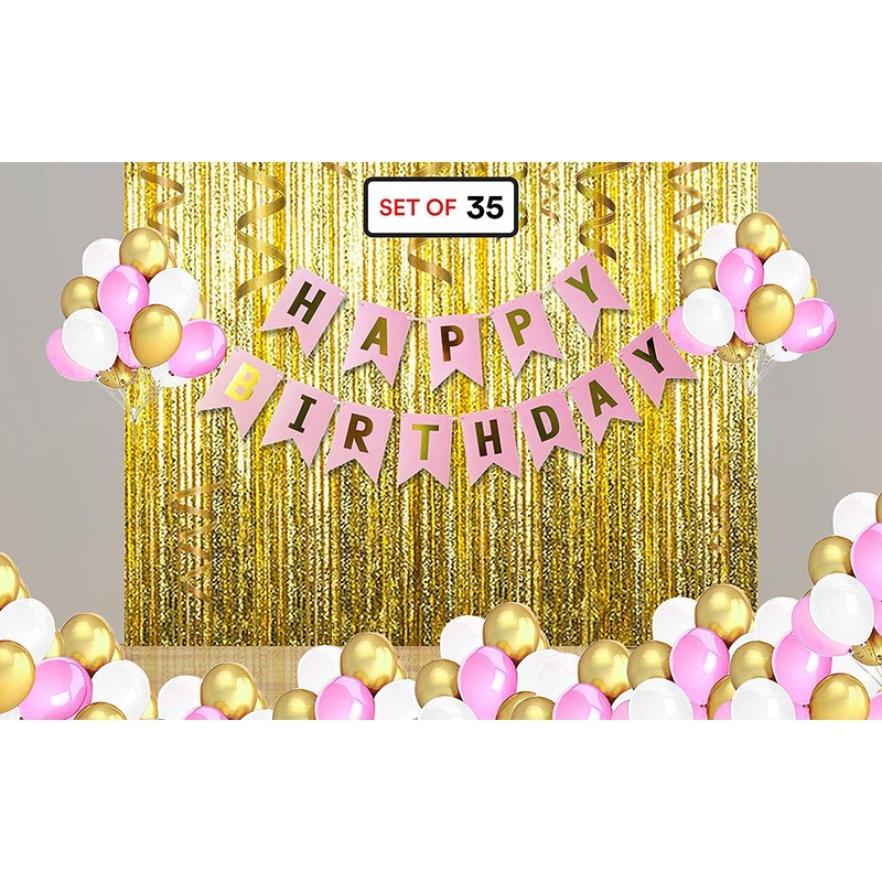 Birthday Decoration Combo For Girls - Pink Banner, Pink, White &Golden Balloons & Fringe Curtain Golden