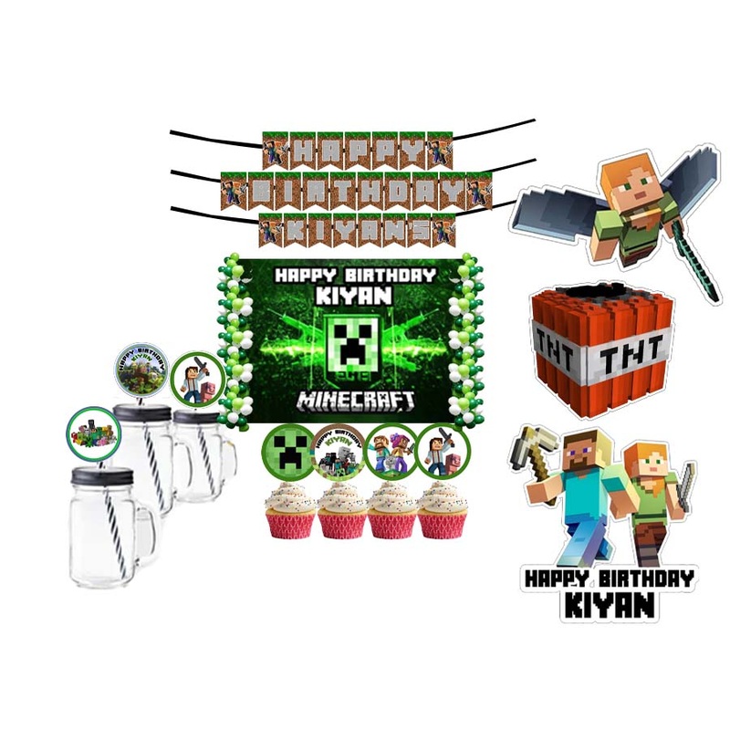 Minecraft Theme Birthday Party Combo Kit with Backdrop & Decorations